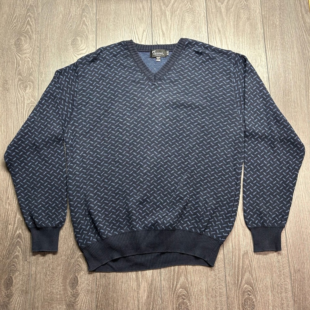 Vintage Tosani Canada Mens XL V-Neck Knit Sweater Geometric Navy Blue Pullover